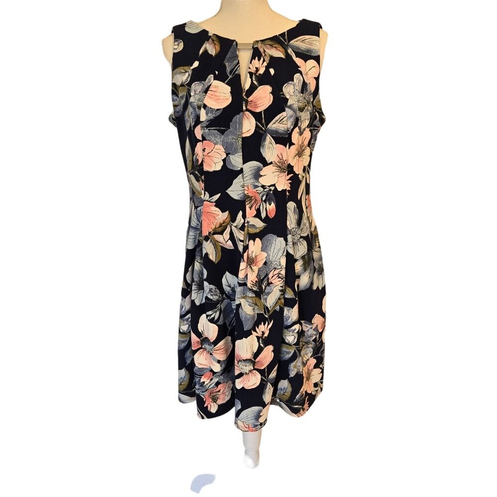 Liz Claiborne Sleeveless Pleated Navy Blue Floral Dress Women's 10